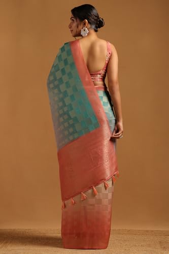 Soch Womens Light Pink Tussar Checked Saree With Zari Work