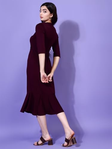 Attire Empire Women Solid Drop-Waist Midi Dress Maroon