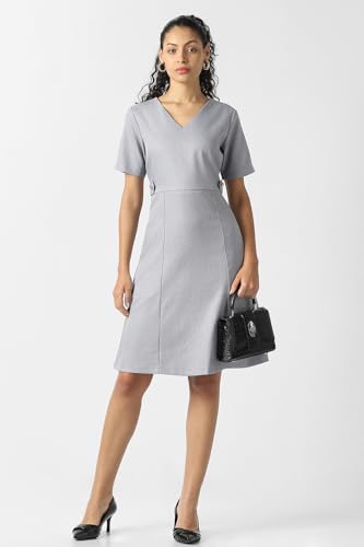 Women Grey Solid Knee Length Formal Dress
