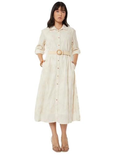 Max Women Embroidered Shirt Dress with Belt (Beige_XXL)