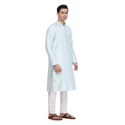 Ethnix Men's Regular Fit Jacquard Pattern Polyester Blend Long Sleeve Traditional Kurta Blue