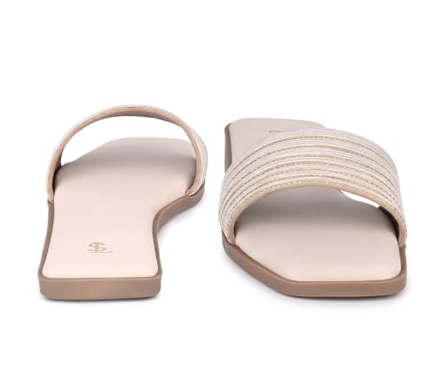 LOUIS STITCH Women’s Pearl White Elegant Flat Sandals with Rhinestone Studded Straps | The Embellished Series | Luxury Comfort Slip-On Flats for Women | Perfect for Travel, Casual & Daily Wear | LSLD-FL05-GD | UK-5