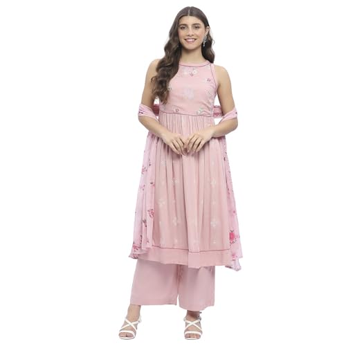 Rangriti Women's Viscose Rayon Kurta Set (ECSFLO22006SS25PNK_Pink
