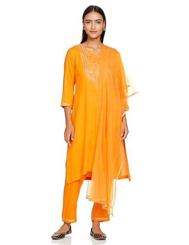 BIBA WOMEN SOLID NARROW SALWAR KURTA DUPATTA(SKDASSORTED8801E_MANGO YELLOW_32)