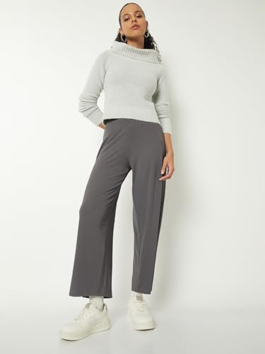 Max Women Ribbed Wide Leg Trousers (Grey_M)