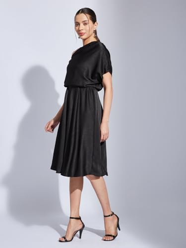 Latin Quarters Women Black One Shoulder Half Sleeves Solid Fit & Flare Dress