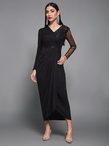 Miss Chase Women's Fit and Flare Full Length Pleated V-Neck Full Sleeve Dress (MCAW23D13-86-62-07, Black, 2XL)