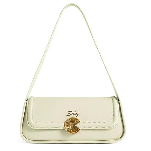 SIBY Women's Brown Underarm Bag |PU Leather Shoulder Tote Handbag with Wide Straps and Metal Lock |Mini Design Handbag- White
