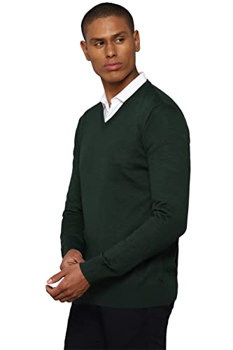 Men Green Solid V Neck Full Sleeves Sweater