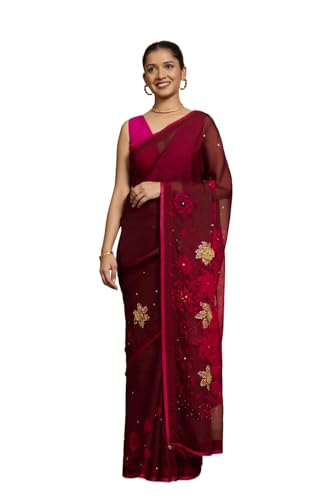 Taneira Women Dark Red Printed Embroidered Viscose Organza Saree with Unstitched Blouse Piece (SAIP14AC2558-Dark Red)