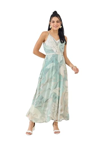Latin Quarters Women's Green Printed Strappy V-Neck Casual Fit & Flared Dress_M