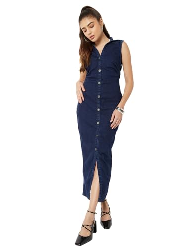 Max Women Ruched Denim Shirt Dress (Blue_M)