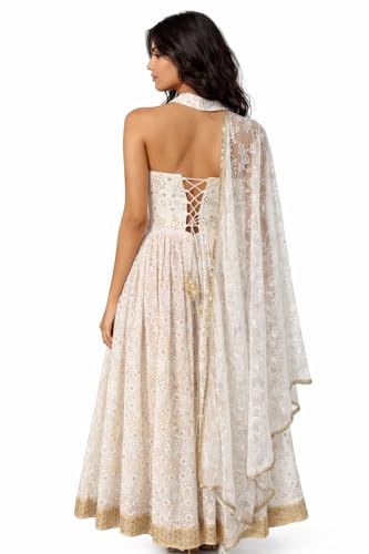 Glinty Chic Women's Embroidered Gown with Dupatta, White and Gold, Halter Neck, Floral Embroidery, Lace-Up Back (in, Alpha, M, Regular)