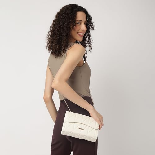 Fastrack Women’s White Sling Bag | Quilted Faux Leather | Adjustable Strap with Metal Detail & Flap Closure
