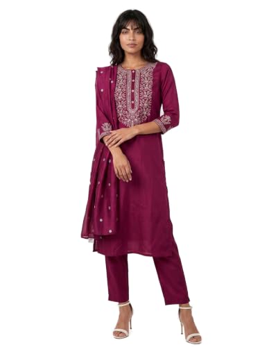 Max Women Embroidered Straight Kurta Set(Magenta_XL)