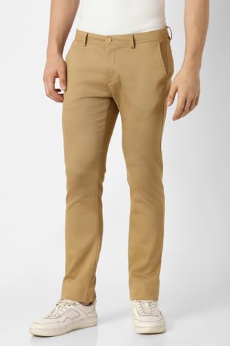 Men Khaki Textured Slim Fit Casual Trousers