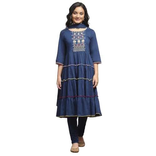 BIBA Girl's Navy Blue Cotton Tiered Solid Suit Set