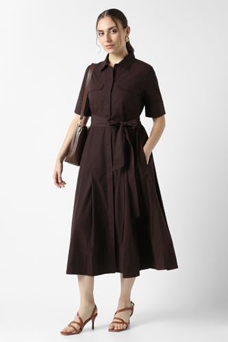 Women Brown Solid Calf-Length Casual Dress