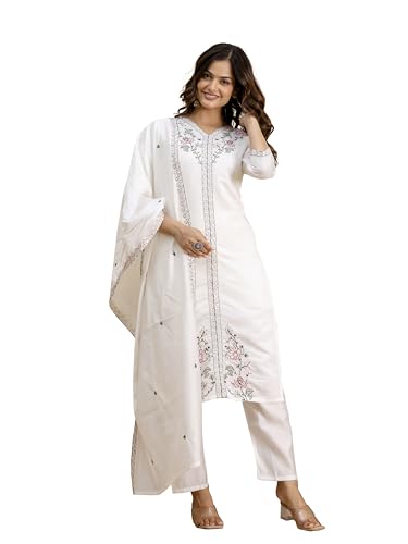 TRENDMALLS Women's Chanderi Embroidery Kurta Pant with Dupatta Set (G386-White-M-)