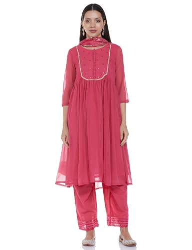 BIBA Women Polyester Straight Embrodery Suit Set (SKDRIVAYAT9575SS24PNK_Pink