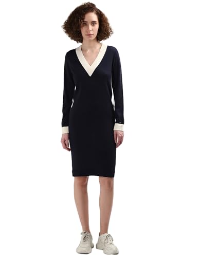 Tommy Hilfiger Women's Wool Blend Bodycon Below The Knee Casual Dress (F24HWDR005 Blue