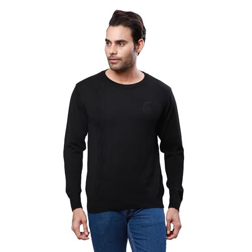 Raymond Men's Regular Fit Acrylic Wool Blend Full Sleeve Round Neck Structure Pattern Black Casual Sweater (Size: L)-RMWX01233-K8