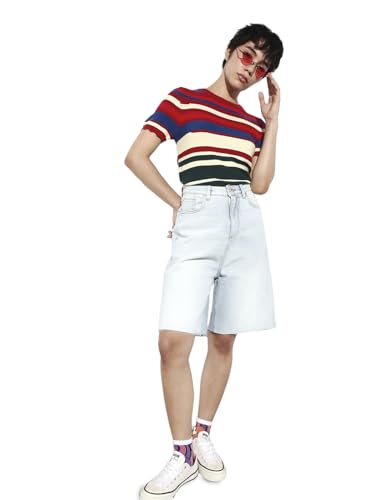 ONLY Women's Solid Regular Fit Mid-Rise Blue Shorts