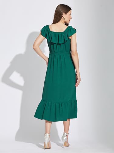 Latin Quarters Women Green Square Neck Cap Sleeves Solid Below Knee A-Line Dress for Casual Wear_M