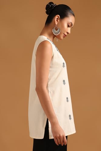 Soch Womens Off White Cotton Floral Tunic with Thread Work