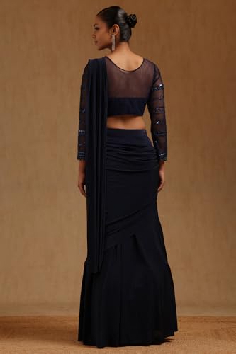 Soch Womens Navy Blue Spandex Solid Ready to Wear Saree