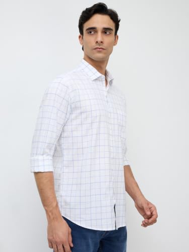 Park Avenue Men Slim Fit Checks Pattern Pure Cotton Short Collar Full Sleeve Casual Shirt Blue
