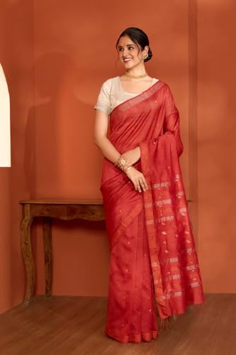 Taneira Women Red Bengal Pure Silk Cotton Jamdani Saree with Unstitched Blouse Piece (SAPH01AB2049-Red)