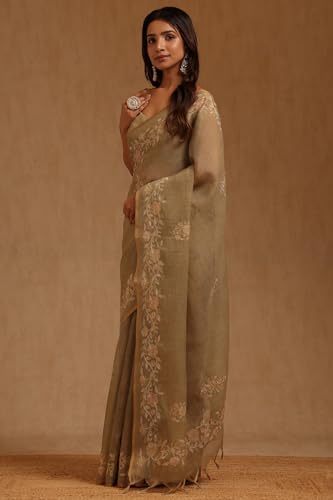 Soch Womens Light Olive Linen Floral Printed Zari Embroidered Saree