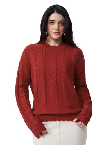 The Souled Store Cable-Knit Sweater: Flame Women and Girls Full Sleeves Round Neck Acrylic Ribbed Hem Lightweight Drop Shoulder Streetwear Trendy Casual Oversized Sweater