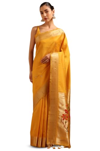 Soch Womens Yellow Tussar Brocade Zari Woven Zari Border Saree