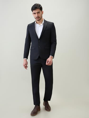 Raymond Men Contemporary Fit Solid Pattern Poly Viscose Blend Notch Lapel Full Sleeve Formal Suit Black