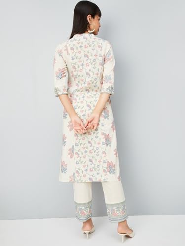 Max Women Floral Print Straight Kurta Set (Off White_M)