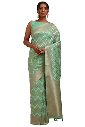 Soch Womens Light Green Linen With Zari Woven Saree With Zari Woven