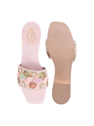 Shoetopia Women’s luxury Embellished Rose-Gold Heel Sandals |Slip-On Party & Wedding Heels with Beaded Strap footwear EU40