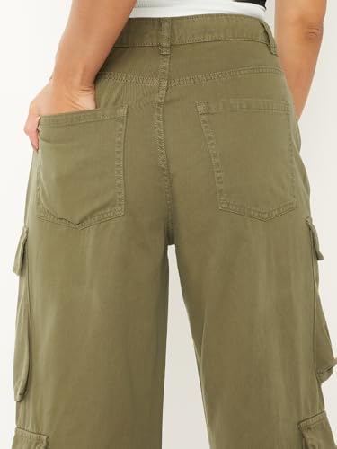 Max Women Solid Cargo Trousers (Green_26)