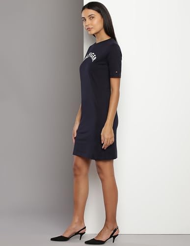 Tommy Hilfiger Navy Blue Cotton Printed Round Neck Short Sleeves Regular Fit Women Dress (F23HWDR029) Size-S