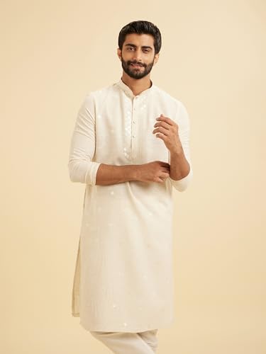 Manyavar Men's Linen Blend Thread Embroidered Casual Kurta Pajama Set (Cream,M)