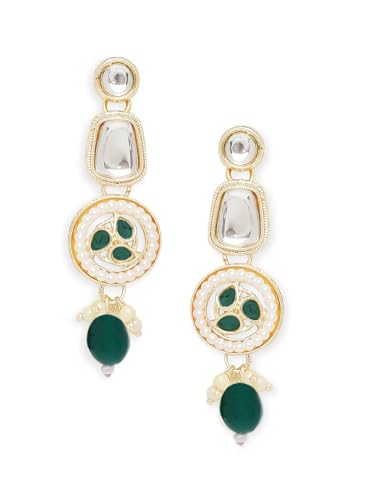 OOMPH Jewellery Green Kundan & Pearls Necklace Set with Drop Earrings & Maangtikka For Women & Girls Stylish Latest (STSET163_Z)- For Women & Girls Stylish Latest