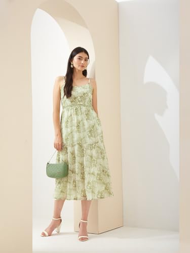 Latin Quarters Women Green Sweetheart Sleeveless A-Line Printed Casual Dress_S