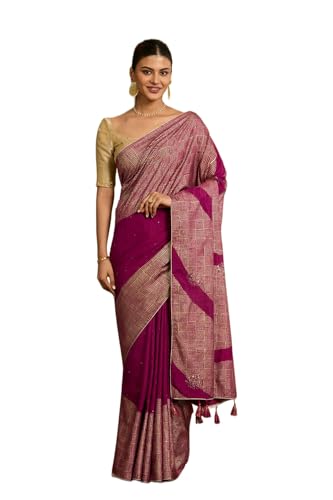 Taneira Women Purple Viscose Embroidered Saree with Unstitched Blouse Piece (SAIP01AC1417-Purple)
