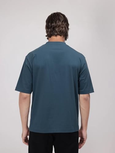 RARE RABBIT Men's Ovem Dusky Teal Cotton Blend Graphic Print Qlo Fit Half Sleeve Crew Neck T-Shirt