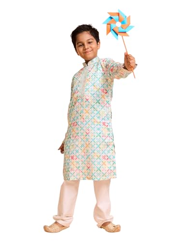 Manyavar Boys Satin Floral Jaal Printed Kurta Pyjama Set (Light Mid Green,2-3Y)