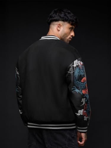 The Souled Store Bomber Jacket: Dragon Men and Boys Full Sleeves Spread Collar Black Graphic Printed Polyester Oversized Fit Lightweight Winter Bomber Jacket