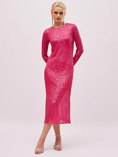 Sassafras Women Fuchsia Sequin Round Neck Side Slit Midi Dress L