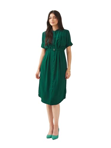 Latin Quarters Women Green Mandarin Half Sleeves A-Line Solid Casual Dress_XXL